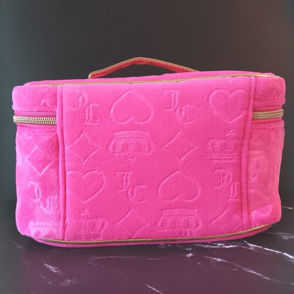 NWT 💥 JUICY COUTURE FUCHSIA VELOUR TRAVEL COSMETIC BAG w/Travel Size Bottle - Picture 2 of 9